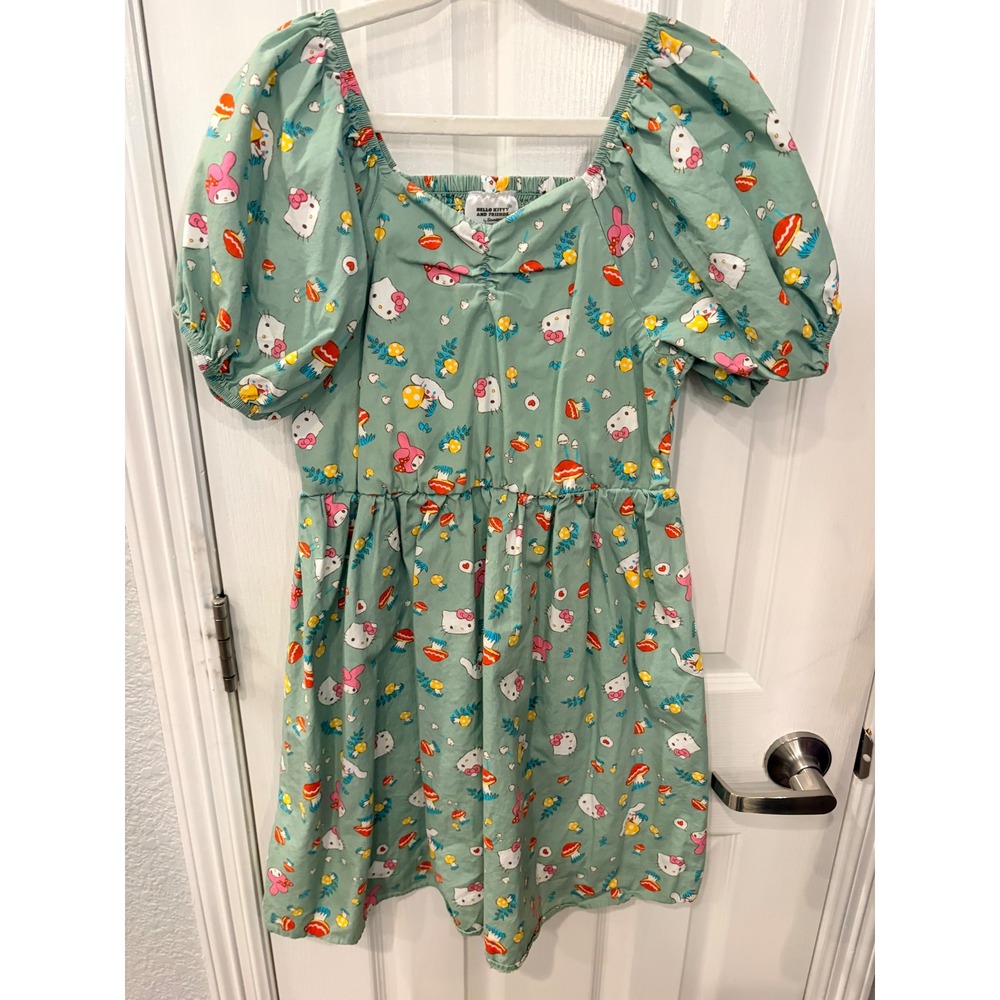 Sanrio Dress Green Hello Kitty My Melody Cinnamoroll Mushroom Puff Sleeve XL